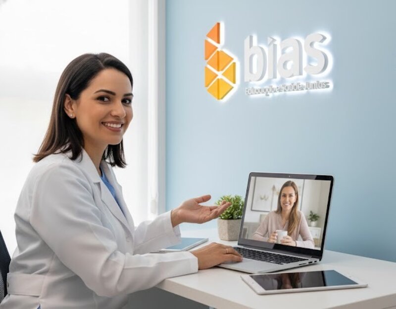 Médica realizando consulta online - Telemedicina Bias Card